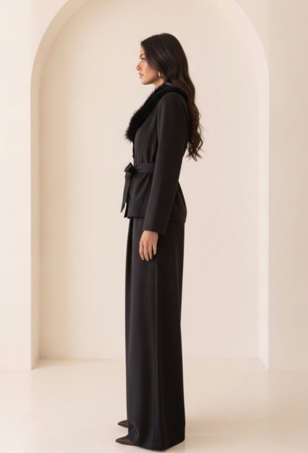 FUR TRIM COLLAR LONG SLVS JACKET W/ WAIST TIE,STRAIGHT LONG