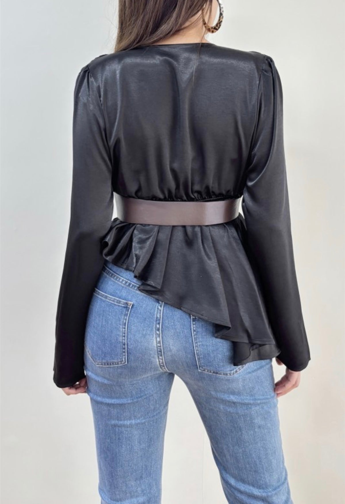ASYMMETRICAL BELTED WRAP BLOUSE