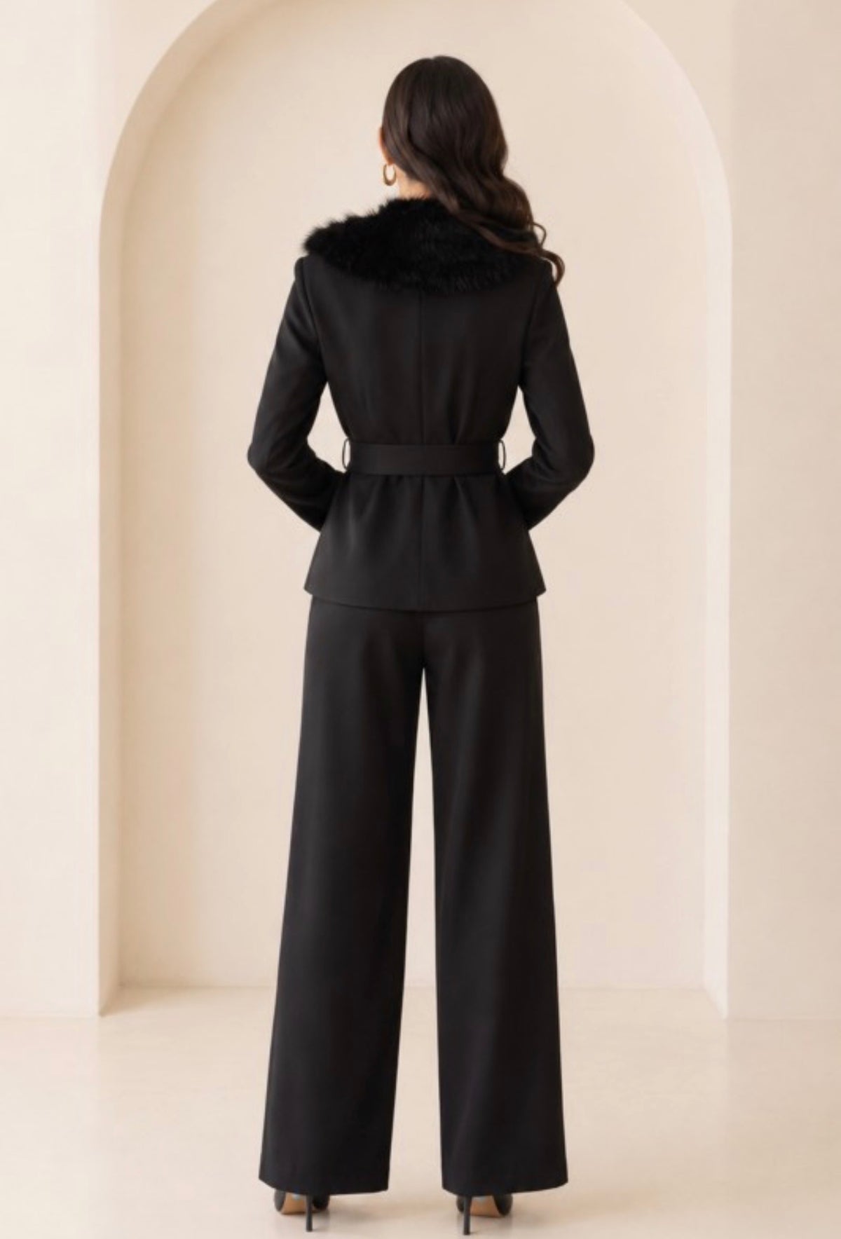 FUR TRIM COLLAR LONG SLVS JACKET W/ WAIST TIE,STRAIGHT LONG