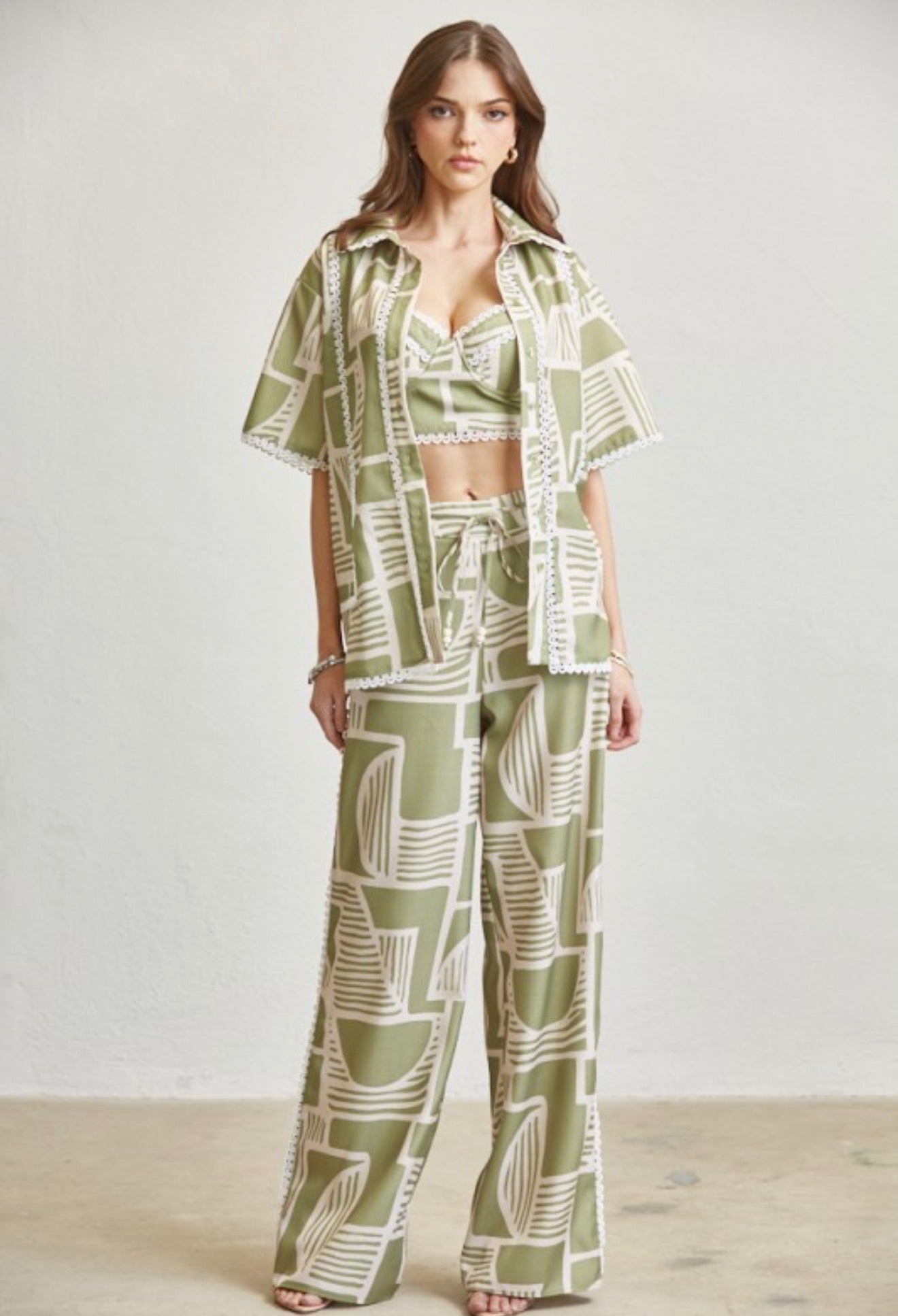 PRINTED LACE TRIM 3-PC PANT SET