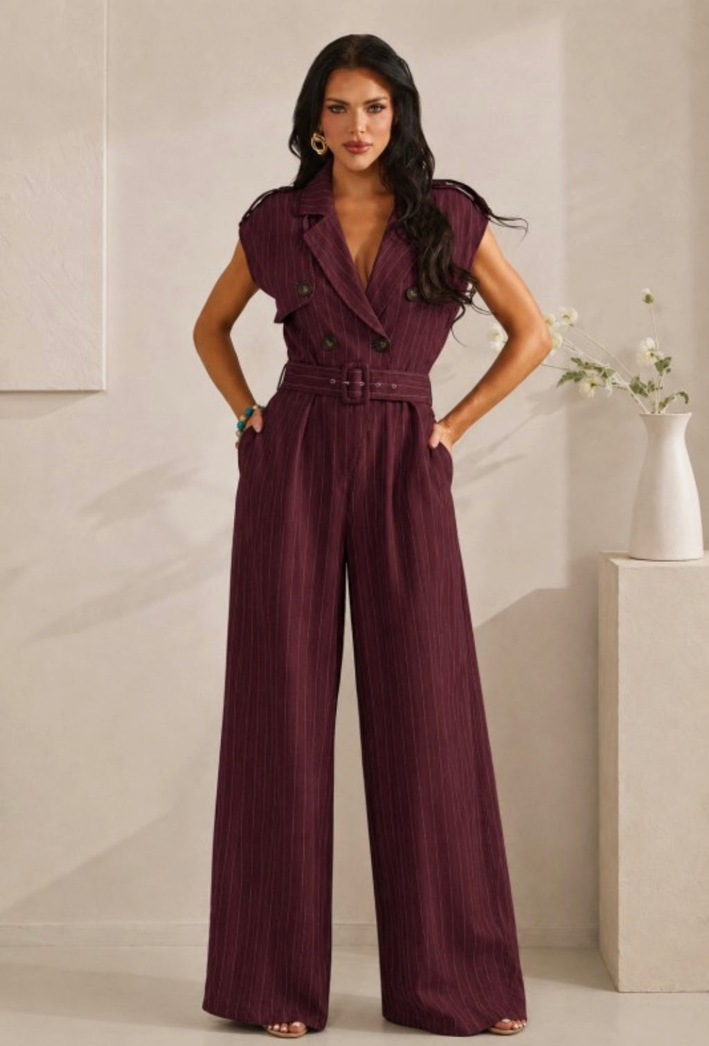 BELTED PINSTRIPE BUTTON ACCENT JUMPSUIT