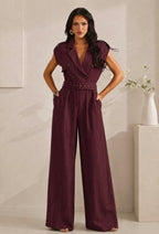 BELTED PINSTRIPE BUTTON ACCENT JUMPSUIT