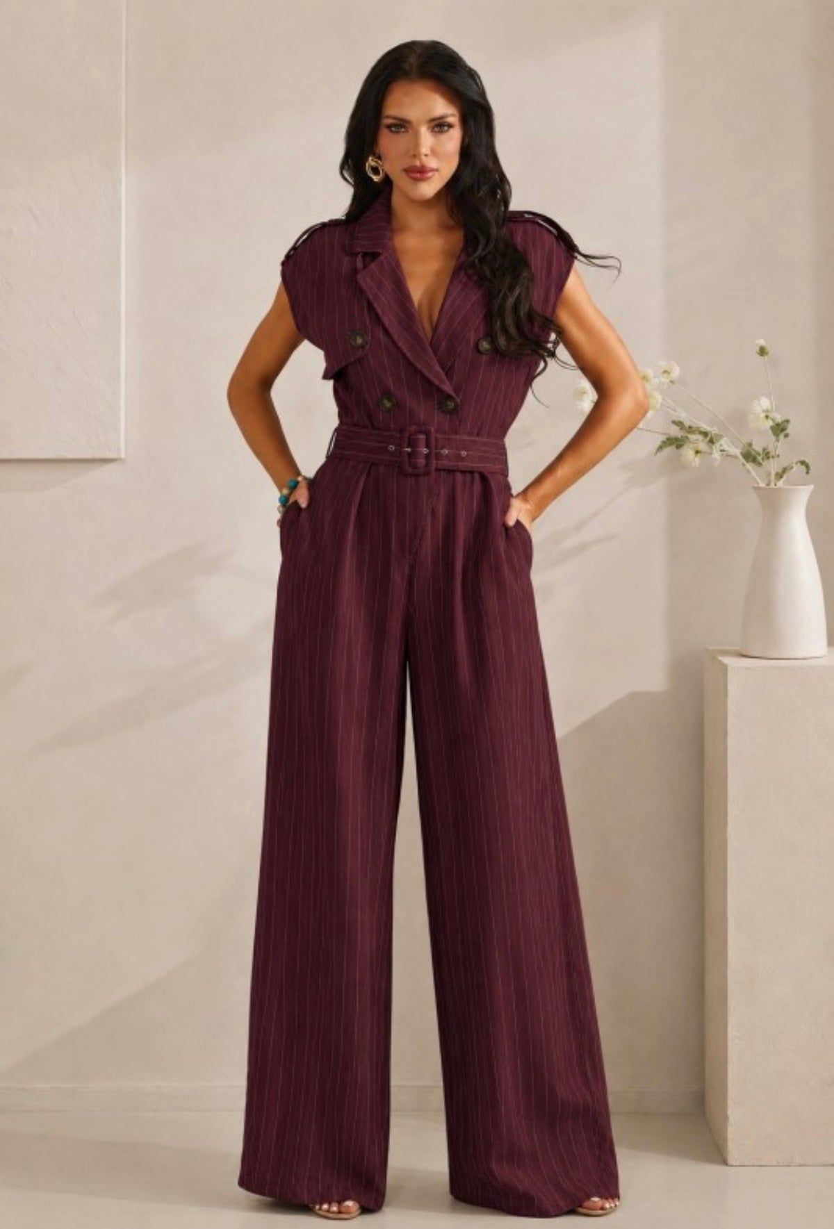 BELTED PINSTRIPE BUTTON ACCENT JUMPSUIT