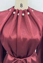 BURGUNDY PEARL EMBELLISHED RUFFLE SATIN BLOUSE