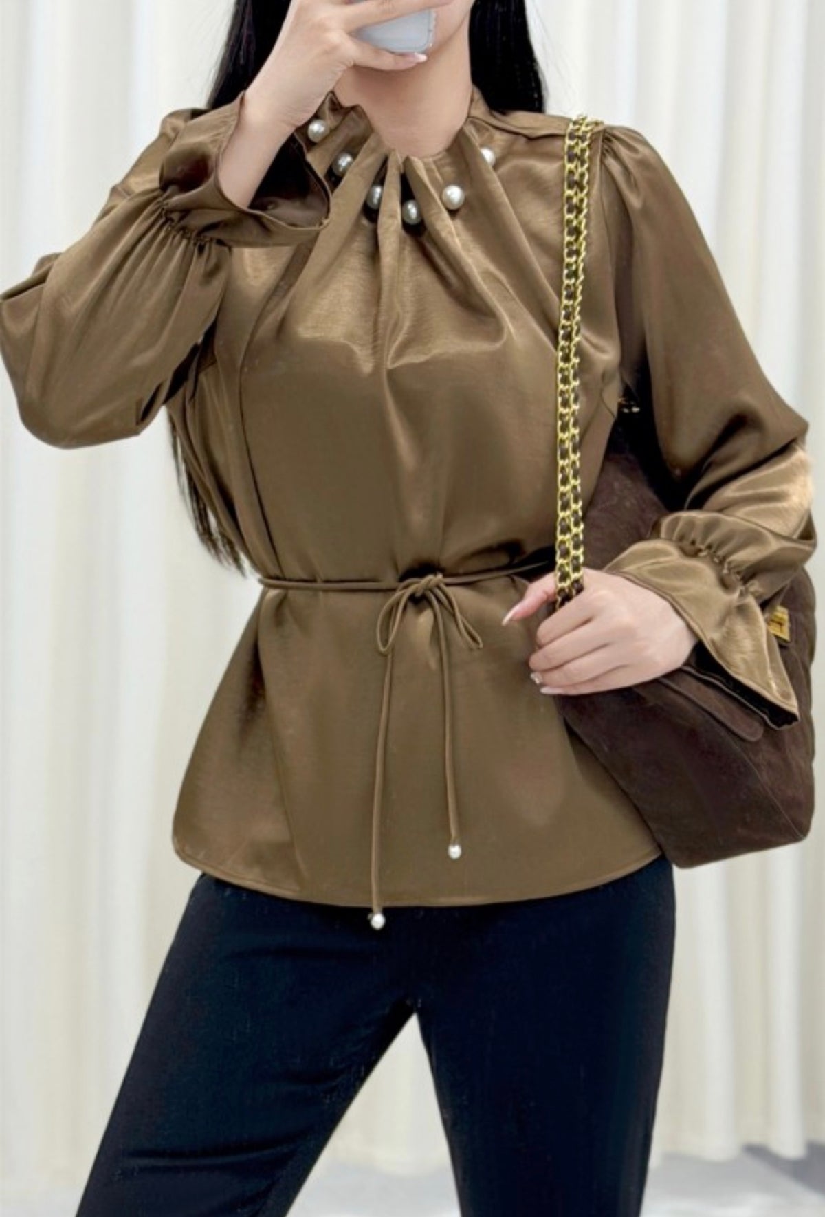 COFFEE PEARL EMBELLISHED RUFFLE SATIN BLOUSE