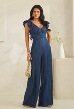 DARK WASHED DENIM DOUBLE RUFFLE LEEVE
JUMPSUIT