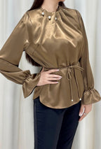 COFFEE PEARL EMBELLISHED RUFFLE SATIN BLOUSE