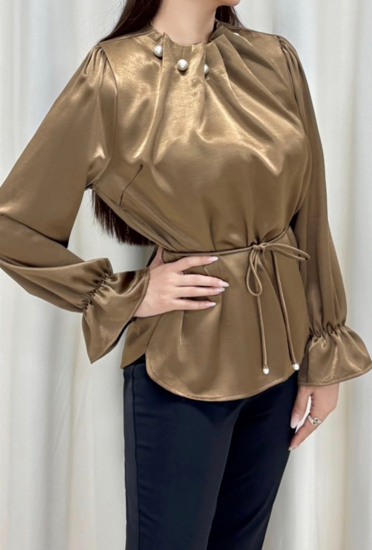 COFFEE PEARL EMBELLISHED RUFFLE SATIN BLOUSE