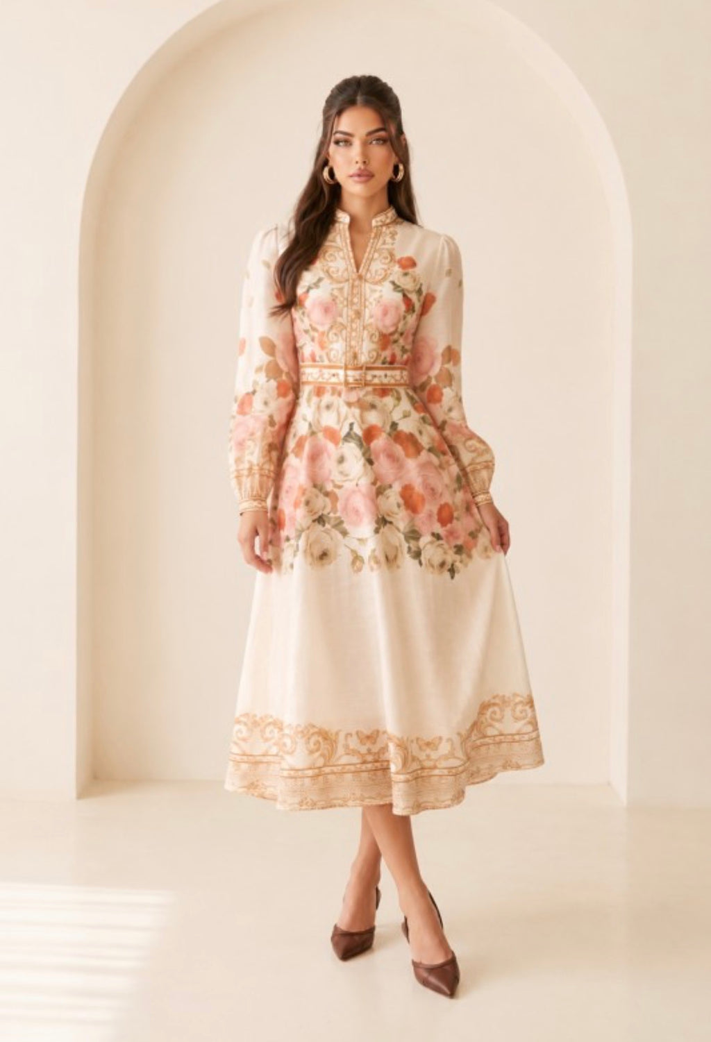 PRINTED LONG -SLEEVED MIDI DRESS