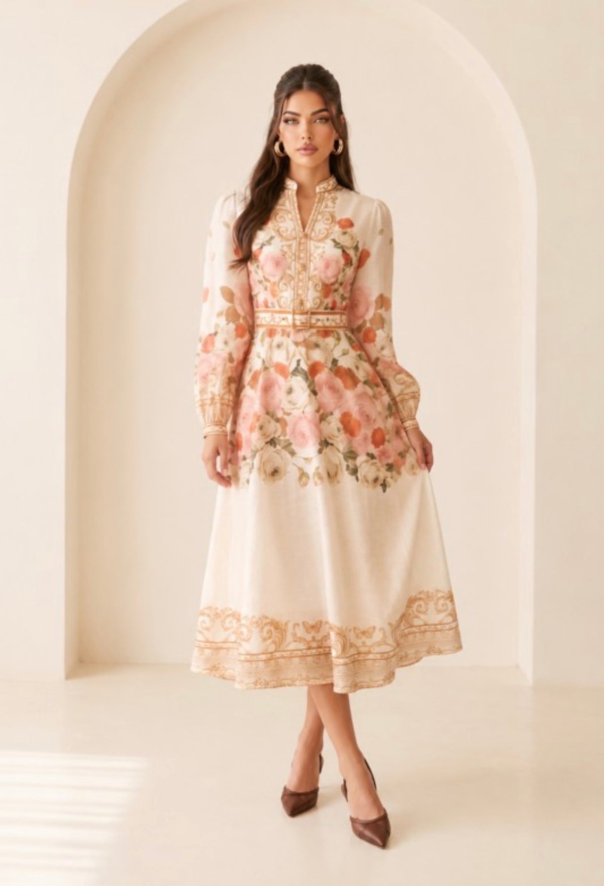 PRINTED LONG -SLEEVED MIDI DRESS