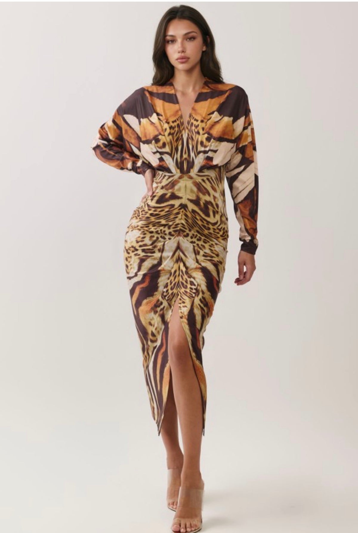 ANIMAL PRINT V-NECK DRAPED MIDI DRESS
