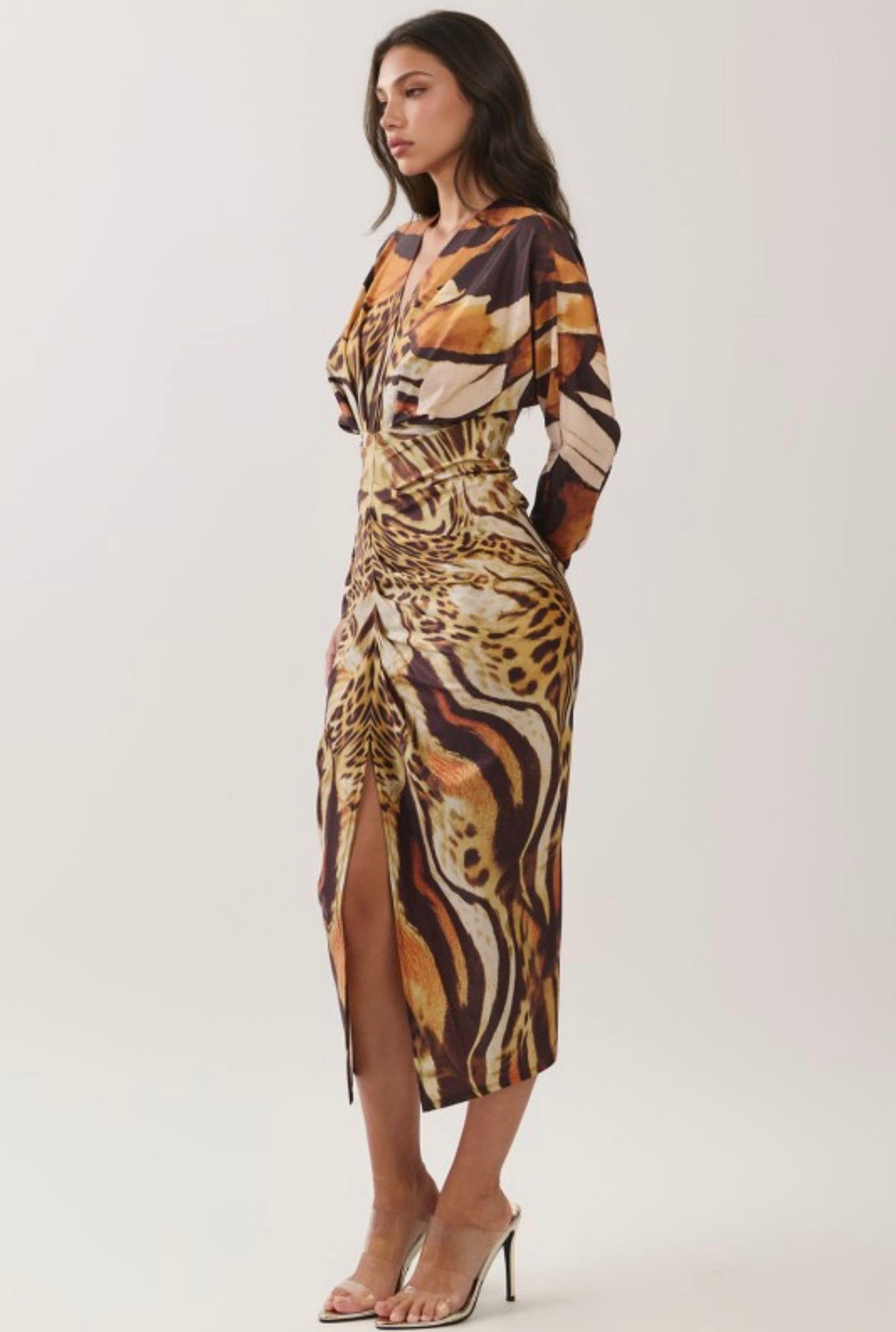 ANIMAL PRINT V-NECK DRAPED MIDI DRESS