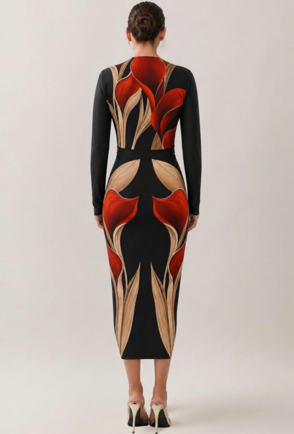 PRINT V-NECK RUCHED MIDI DRESS