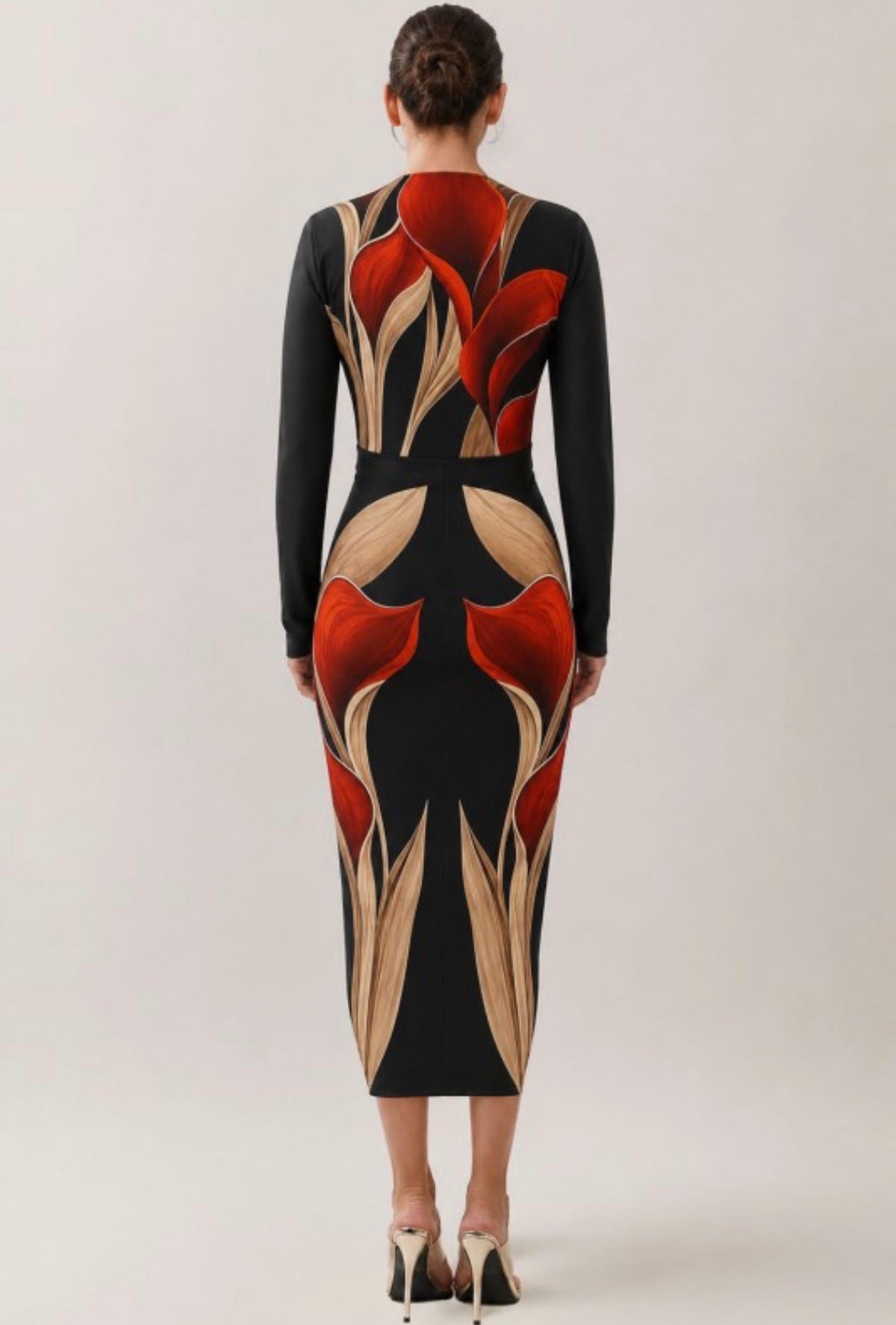 PRINT V-NECK RUCHED MIDI DRESS