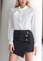 Flower Gold Button Satin Blouse