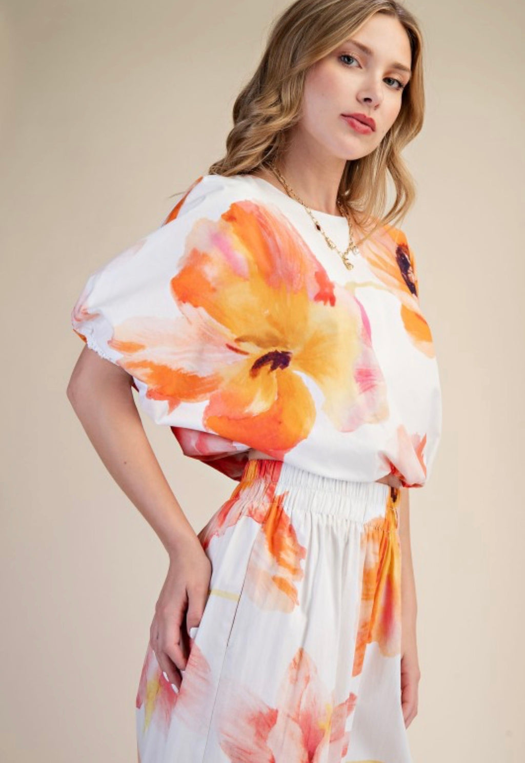 SET | ELASTIC WAIST BALLOON CROP BLOUSE + HIGH WAIST RUFFLE WIDE PANTS