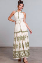 Sleeveless Buttom Down Wiast Belted Maxi Dress