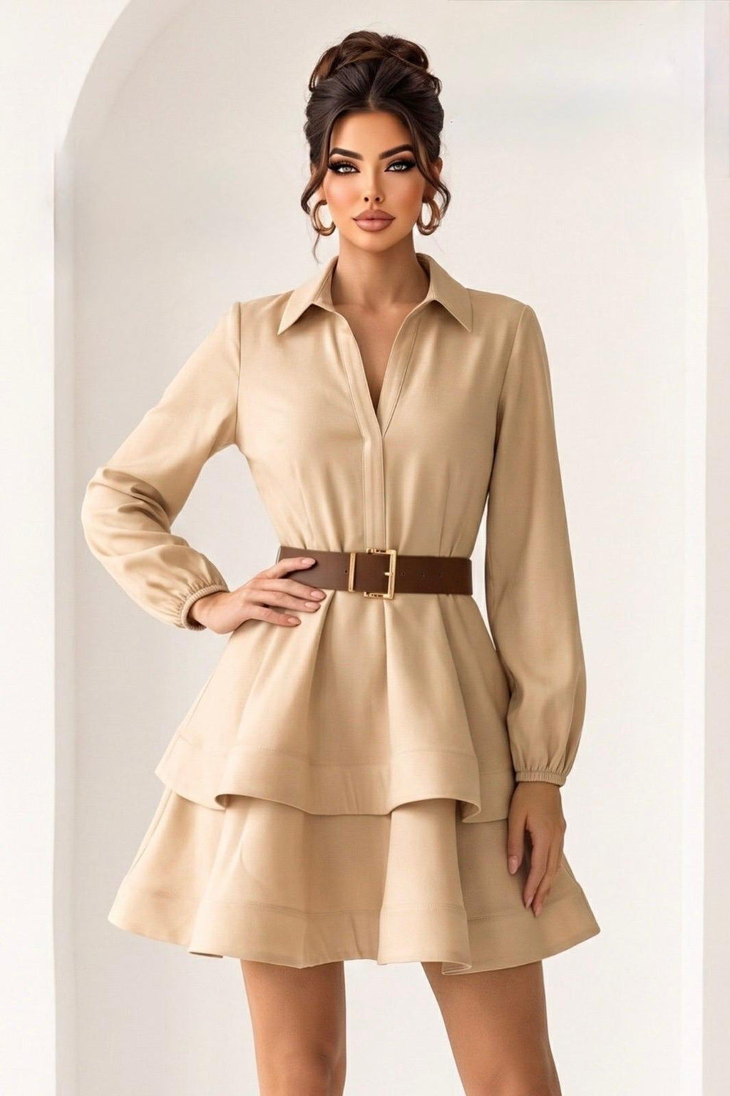 Tiered Belted Shirt Dress