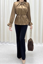 COFFEE PEARL EMBELLISHED RUFFLE SATIN BLOUSE