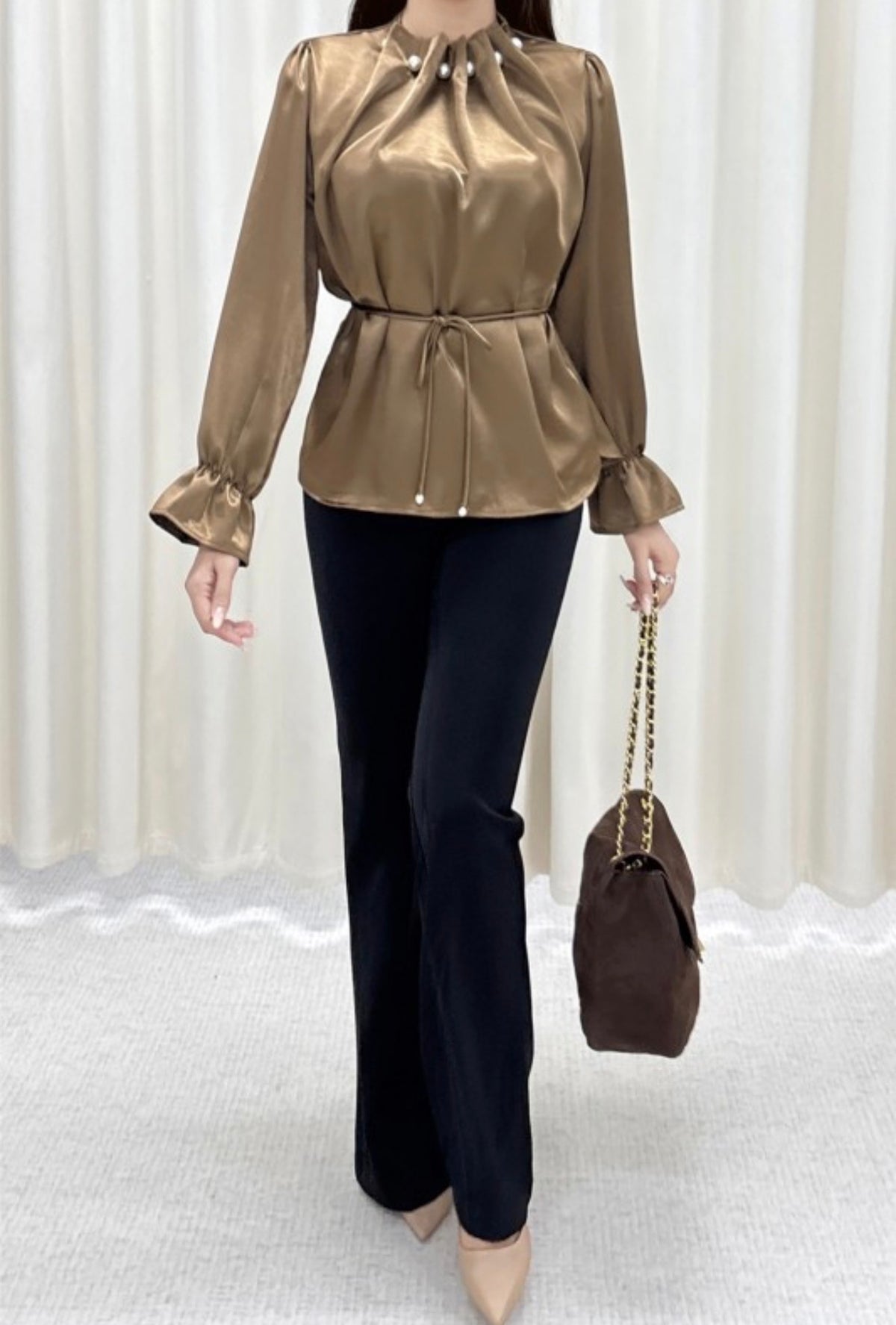 COFFEE PEARL EMBELLISHED RUFFLE SATIN BLOUSE