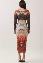 FLORAL PRINT V-NECK RUCHED MIDI DRESS