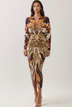 ANIMAL PRINT V-NECK DRAPED MIDI DRESS