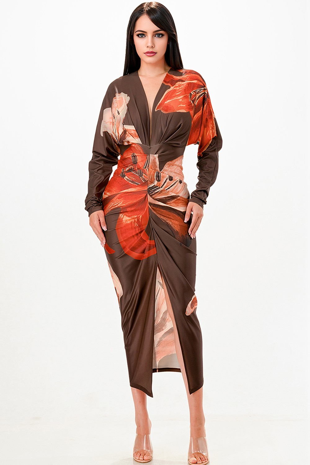 Midi Dress Long Sleeve Orange-Brown