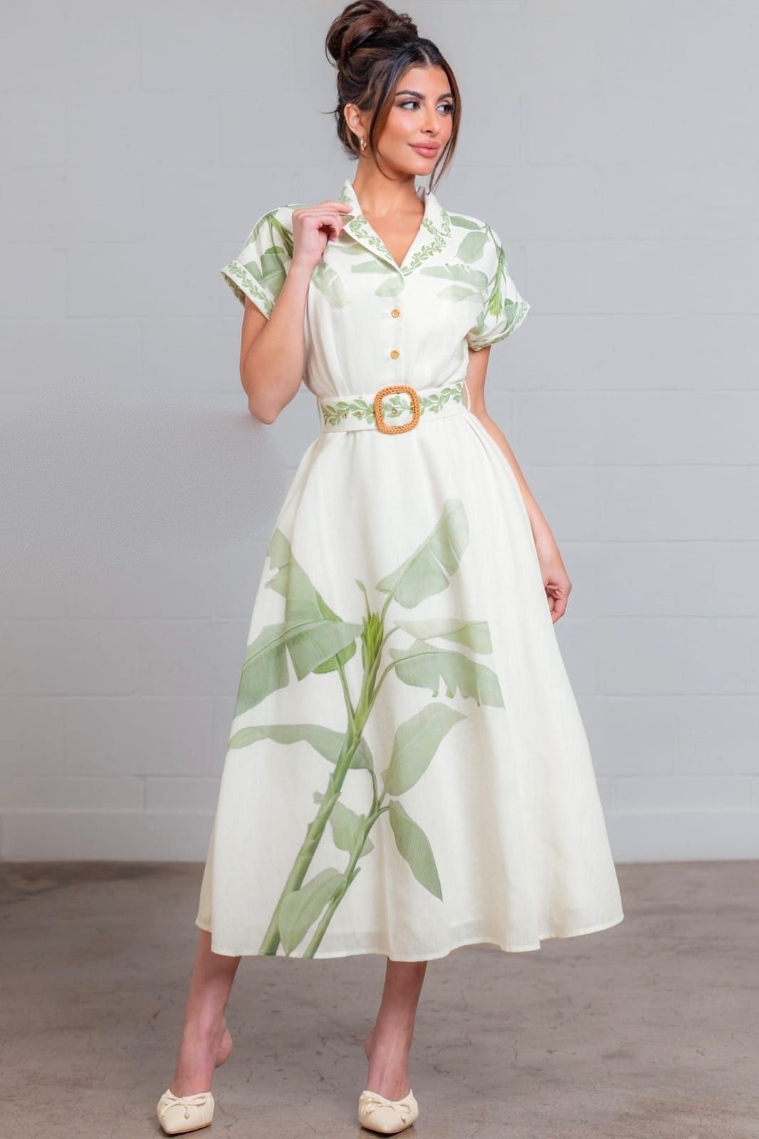 Tropical Leaf Belted Midi Dress