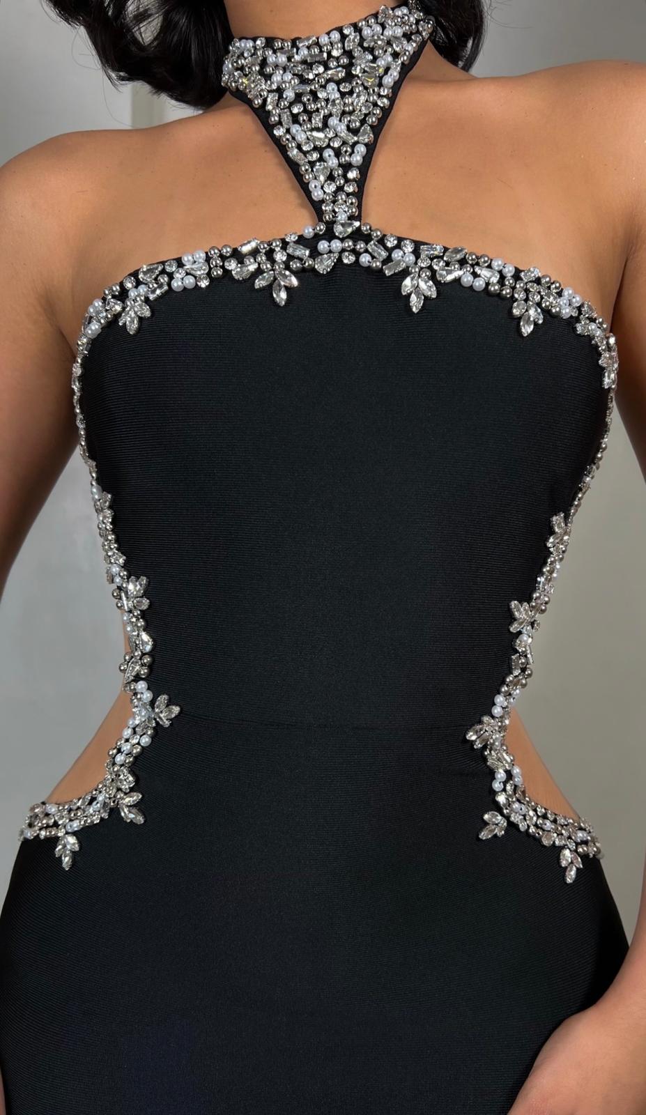 Black Crystal Halter Evening Dress