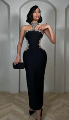 Black Crystal Halter Evening Dress