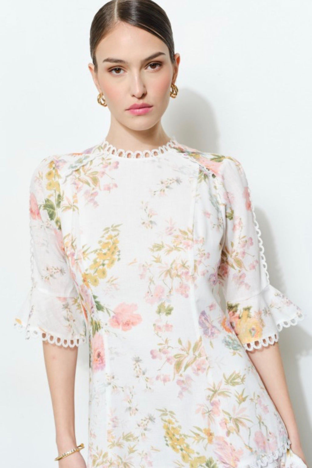 Floral Lace Mini Dress Linen Fabric