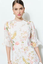 Floral Lace Mini Dress Linen Fabric