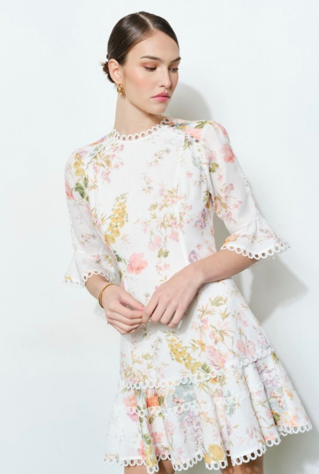 Floral Lace Mini Dress Linen Fabric