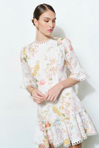 Floral Lace Mini Dress Linen Fabric