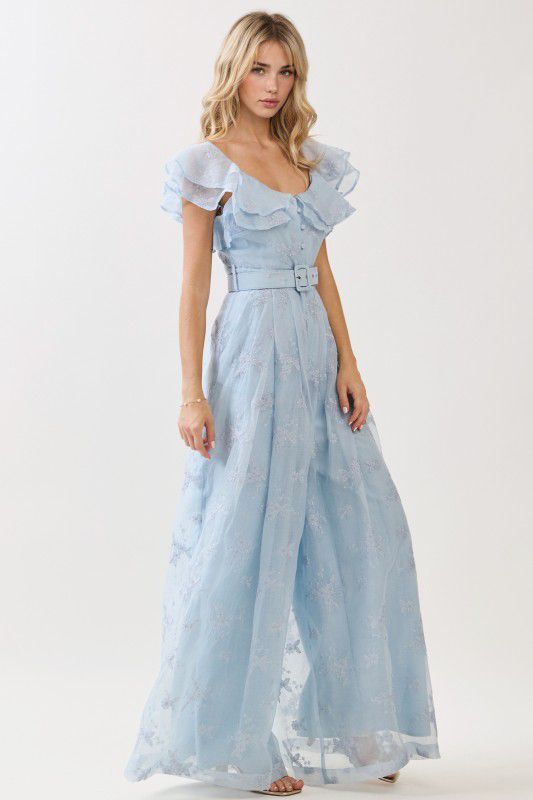 Light Blue Ruffle Maxi Jumpsuit