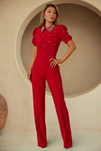Elegant Red Pearl Collar Jumpsuit