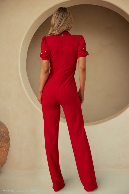 Elegant Red Pearl Collar Jumpsuit