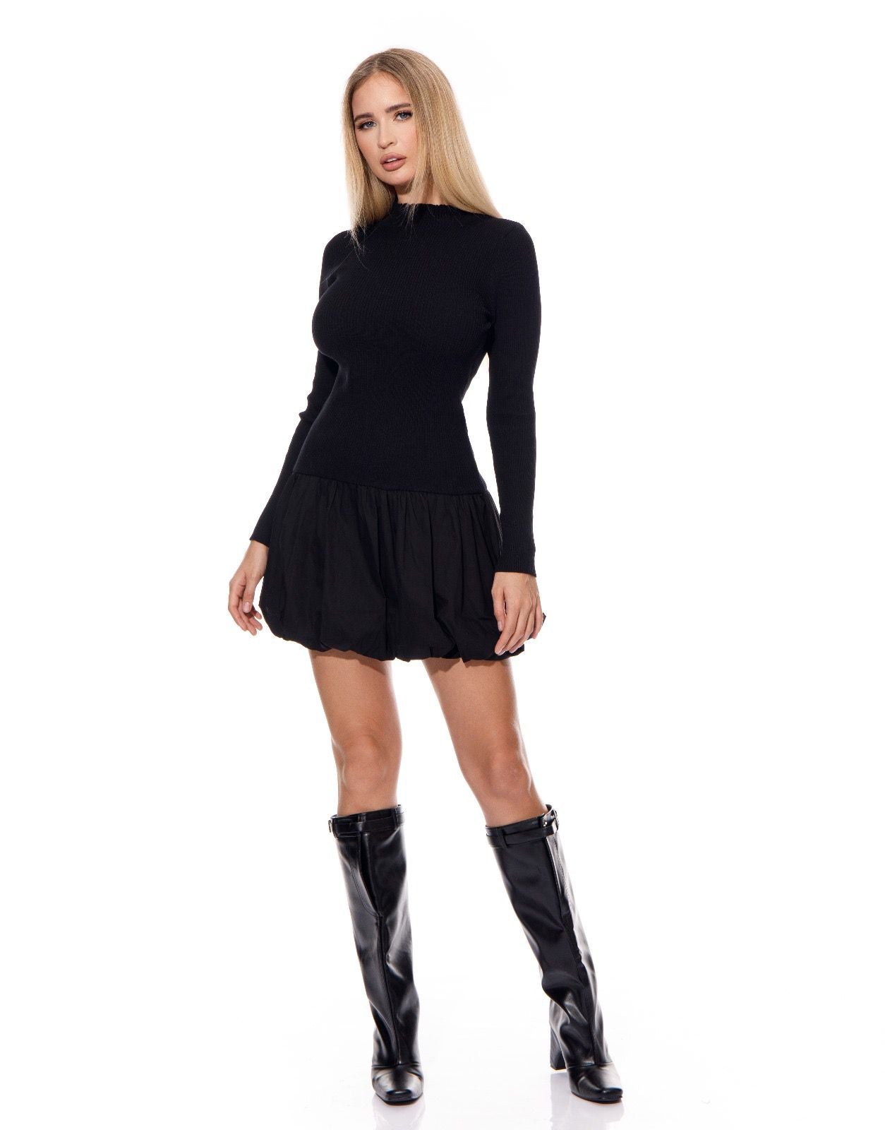 Elegant Black Long Sleeve Mini Dress