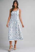 Sleeveless Button Front Print Blue Flower Midi Dress
