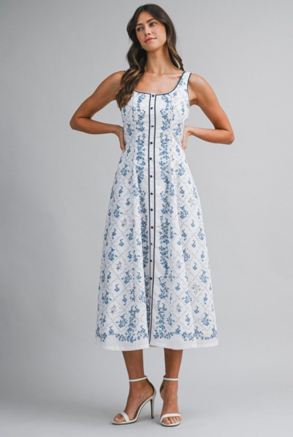Sleeveless Button Front Print Blue Flower Midi Dress