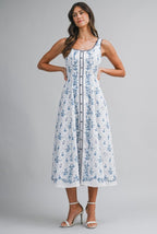 Sleeveless Button Front Print Blue Flower Midi Dress