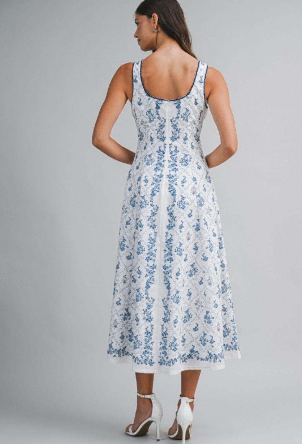 Sleeveless Button Front Print Blue Flower Midi Dress