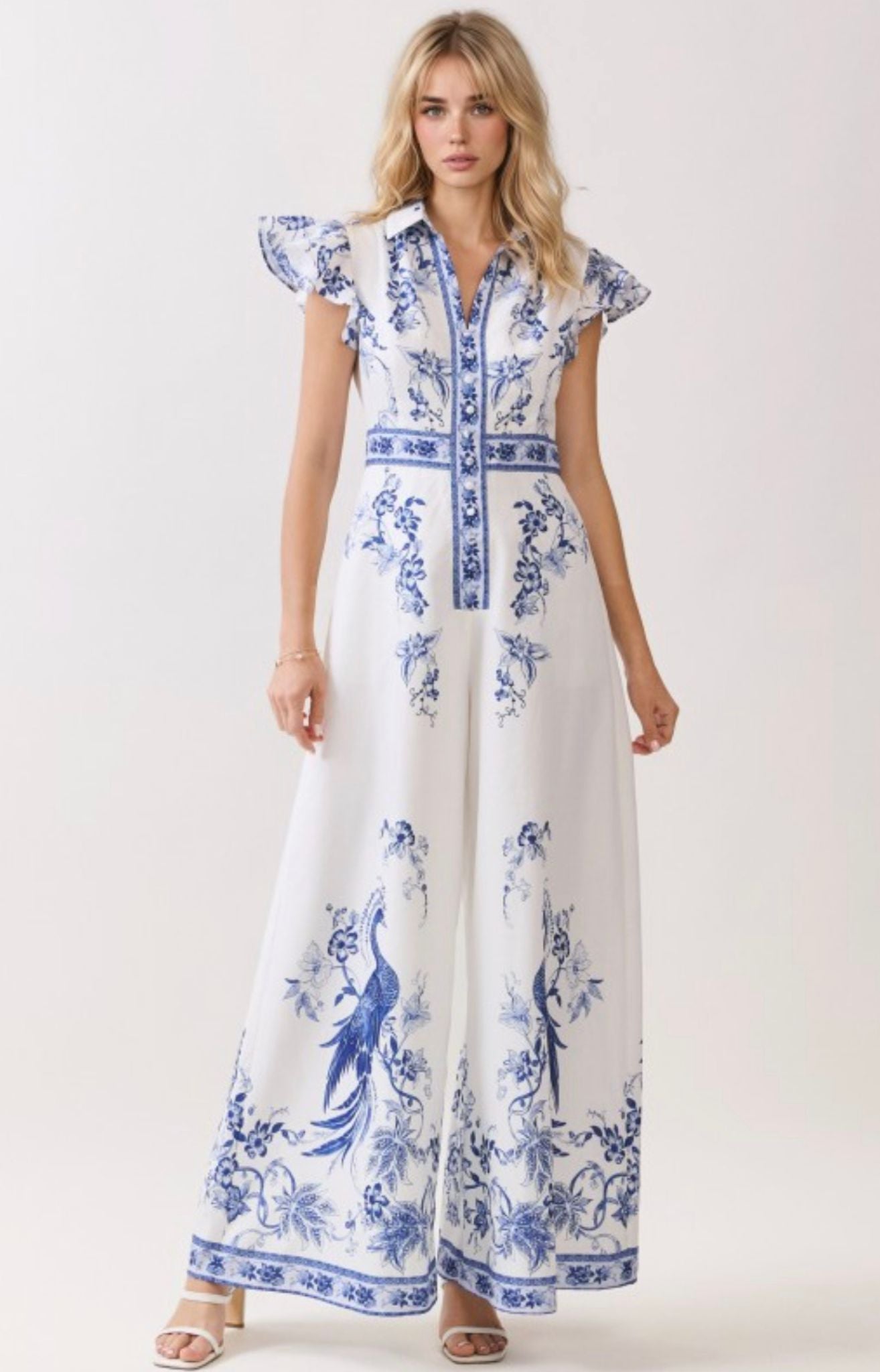 Blue Porcelain Elegance Maxi Jumpsuit
