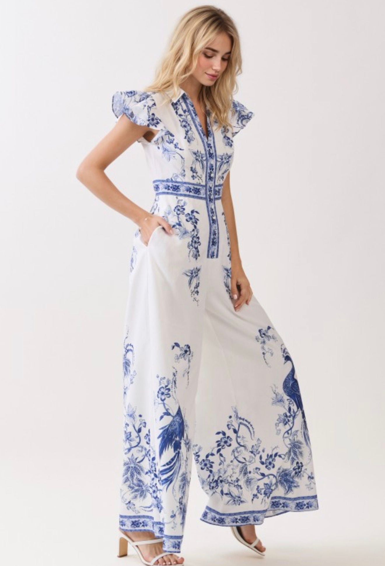 Blue Porcelain Elegance Maxi Jumpsuit