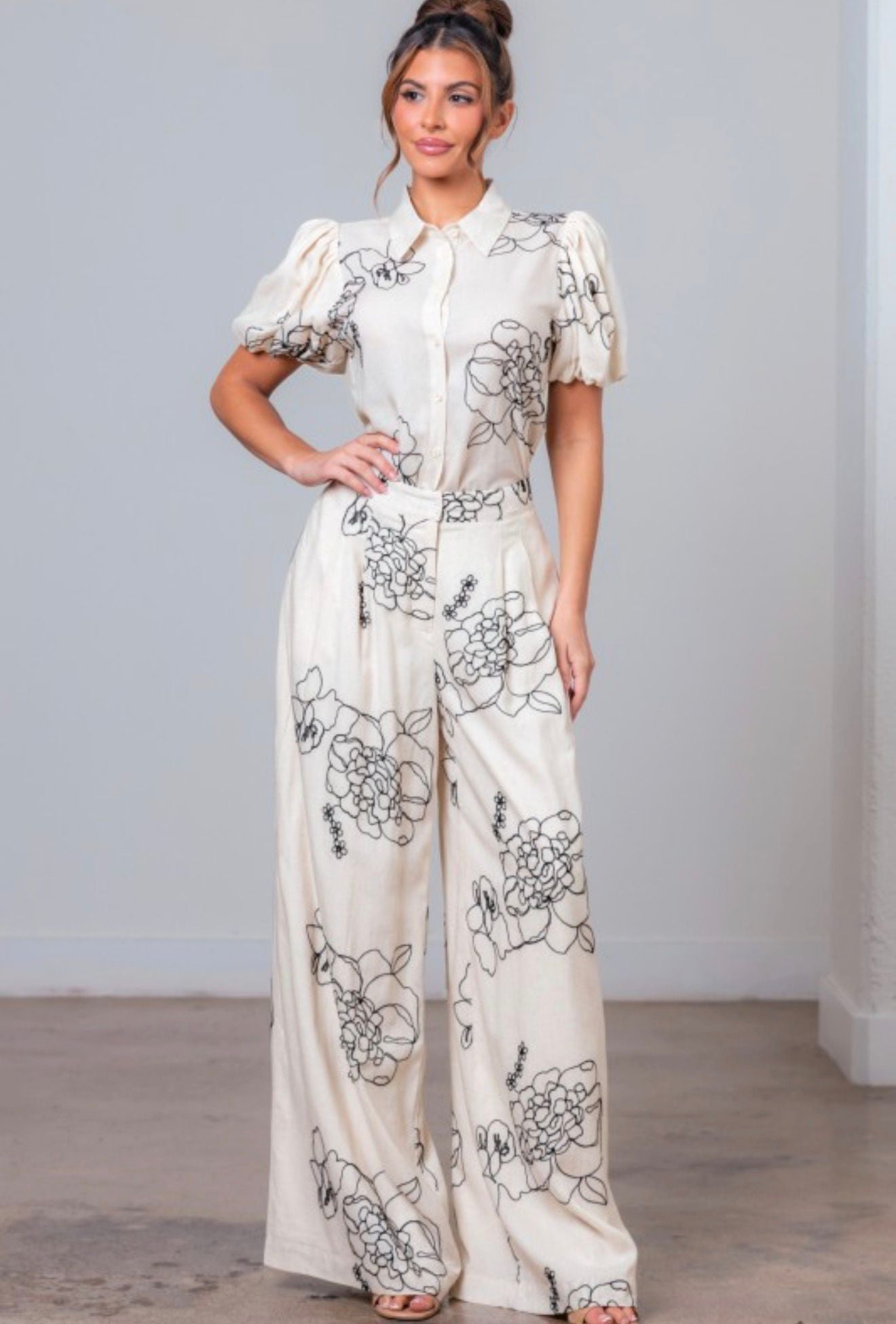 Embroidered Floral Bubble Sleeve and Pants Set