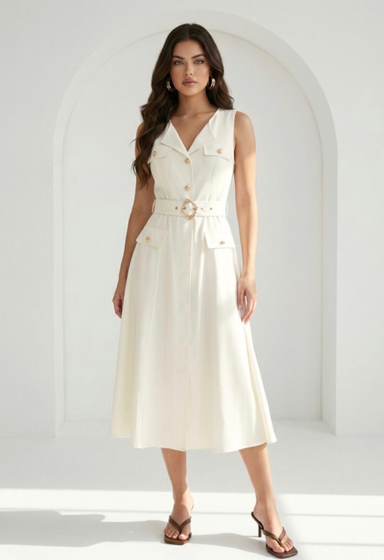 Sleeveless Solid Cream Midi Dress