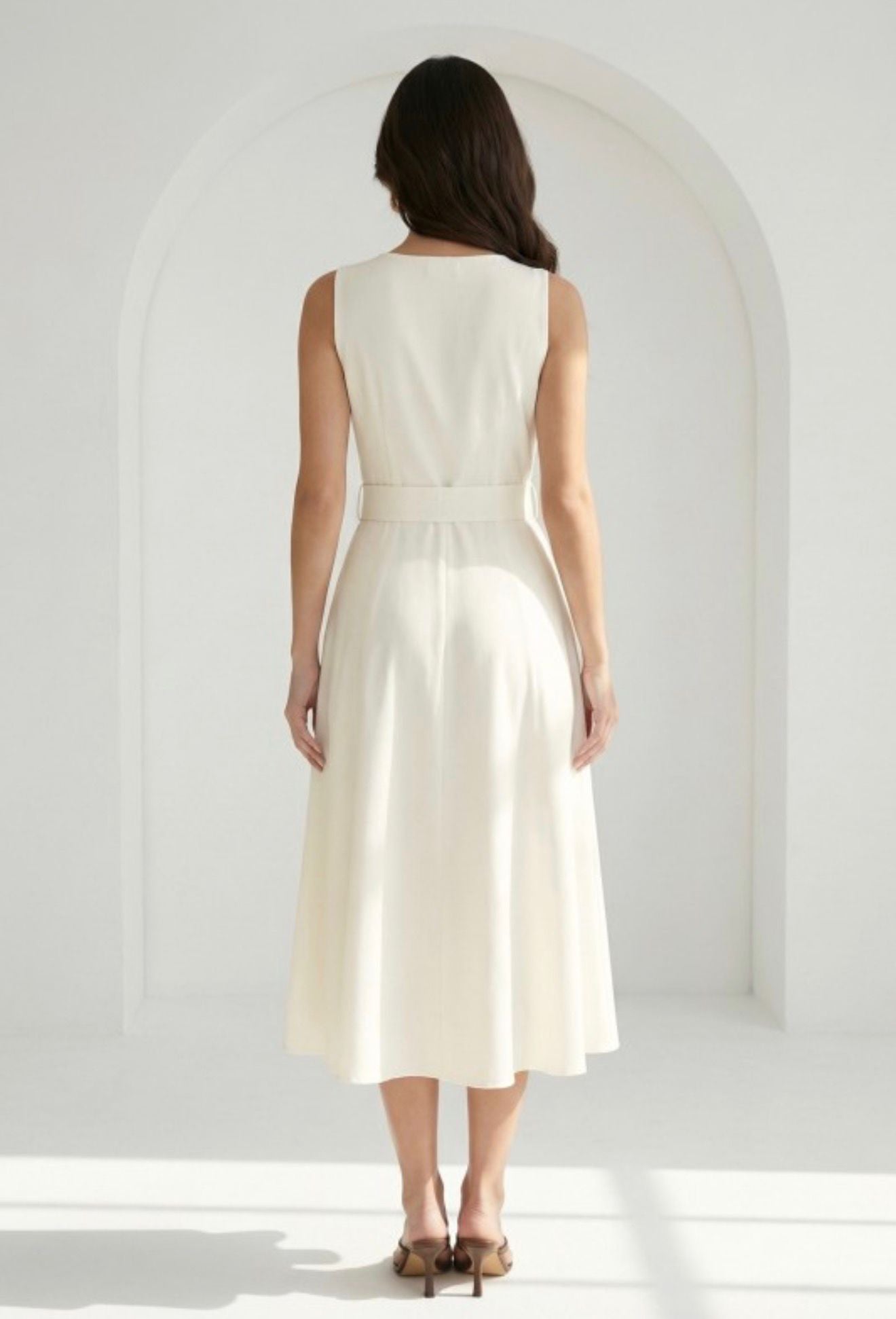 Sleeveless Solid Cream Midi Dress