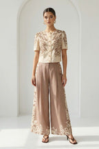 Taupe Floral Print Jewel Neck Top and Pants Set