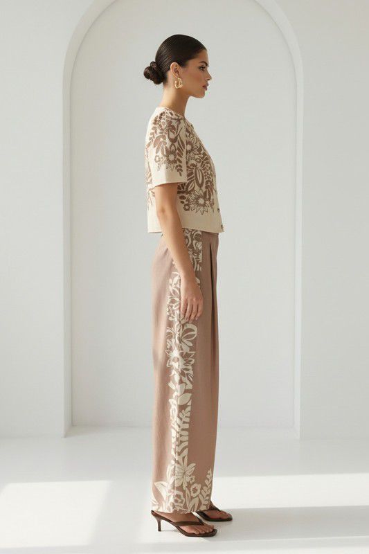 Taupe Floral Print Jewel Neck Top and Pants Set