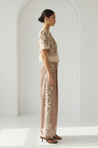 Taupe Floral Print Jewel Neck Top and Pants Set